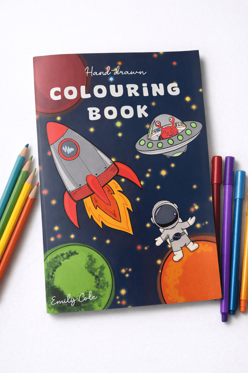 Adventure Colouring Book - A hand-drawn colouring book bursting with cosmic wonders and thrilling adventures. 18 original illustrations featuring space, dinosaurs, aliens and more. Perfect for all ages.