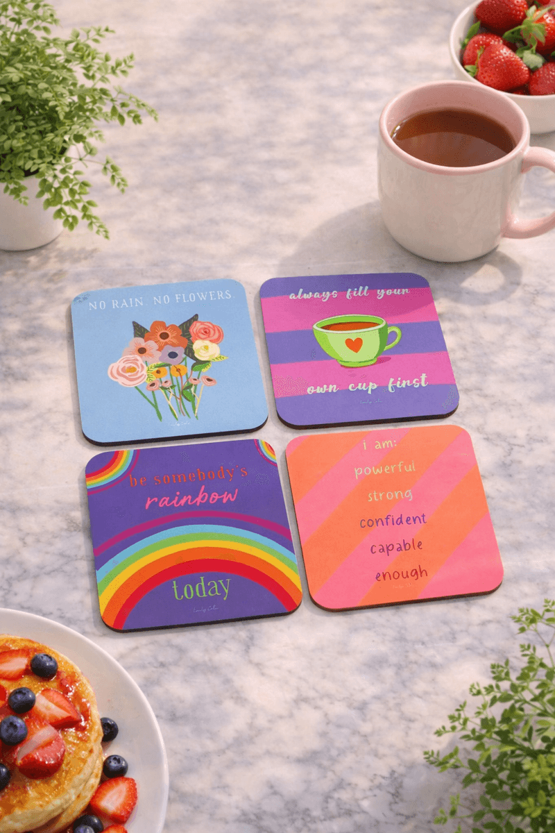 Bold Affirmation Coasters - Set of 4 vibrant affirmation coasters to brighten your day and your desk. Bold colours, positive vibes.