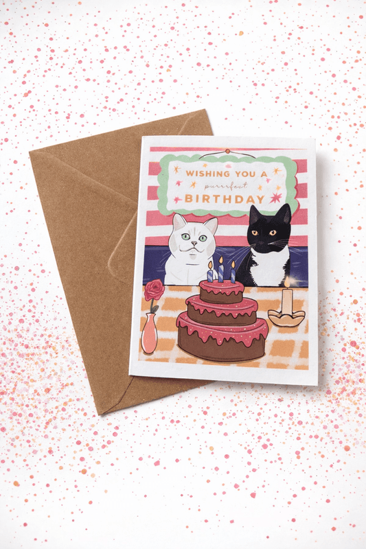Purrfect Birthday Card - Wishing you a purrfect birthday! A fun, cat-themed A6 greetings card, blank inside for your own message.