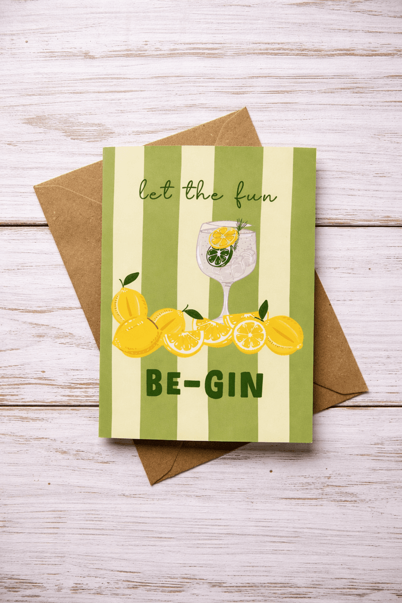 Let The Fun Be-Gin Card - A fun gin and tonic themed A6 greetings card, perfect for celebrating any occasion. Blank inside for your own message.