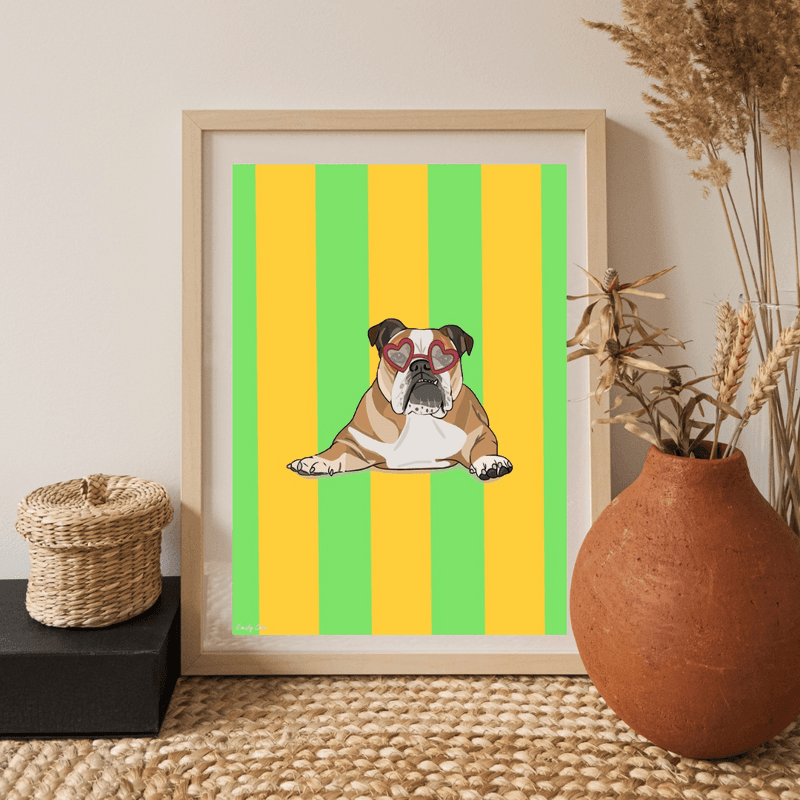 Bold Vibrant Bulldog Print - A striking, colourful bulldog poster that brings personality to any room. Perfect for dog lovers and bold decor enthusiasts.
