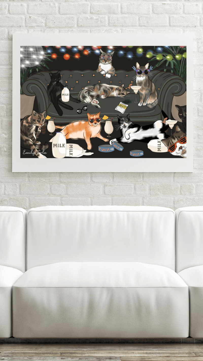 Cat Disco Party Poster - Get the party started with this bold and colourful cat disco poster. Available as a digital download or physical print.