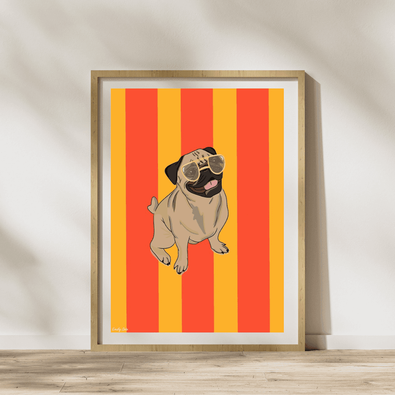 Bold Pug Print - A vibrant, eye-catching pug poster that pug lovers will adore. Colourful stripes and bold character for your walls.