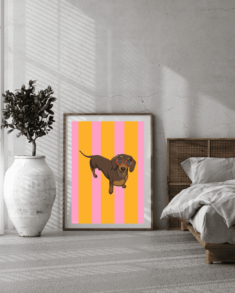 Sausage Dog Print - An adorable sausage dog poster in vibrant stripes. The perfect gift for dachshund lovers or a playful addition to any wall.
