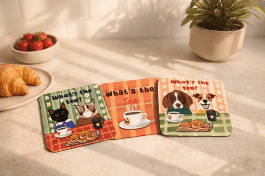 What's The Tea Coasters - Set of 3 beautifully designed 'What's The Tea' themed coasters. Bold, fun and perfect for your morning cuppa.